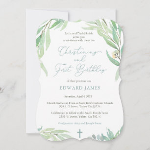 Invitation Printemps Vert Feuilles Garçon Christening Premier