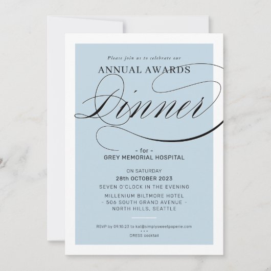 Invitation PRIX DÎNER événement faste élégant bleu pâle (Devant)