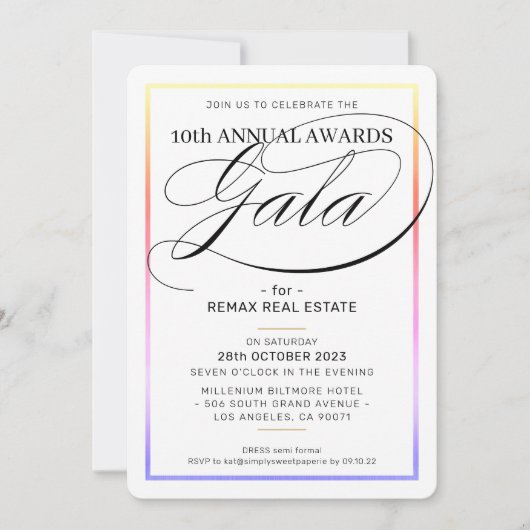 Invitation PRIX GALA DÎNER affaires moderne arc-en-ciel noir (Devant)