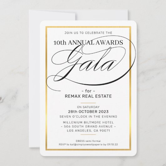 Invitation PRIX GALA DÎNER d'affaires moderne or noir (Devant)