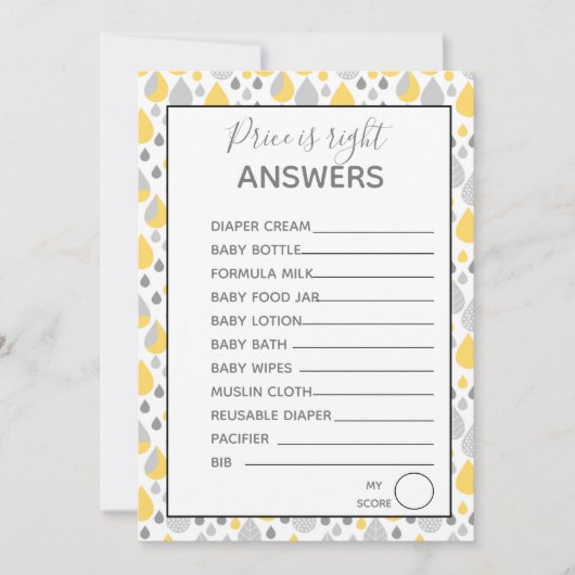 Invitation Prix juste jeux Baby shower gris/jaune (Devant)