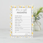 Invitation Prix juste jeux Baby shower gris/jaune (Debout devant)