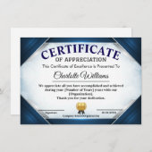 Invitation Professional Blue Appreciation Certificate (Devant / Derrière)