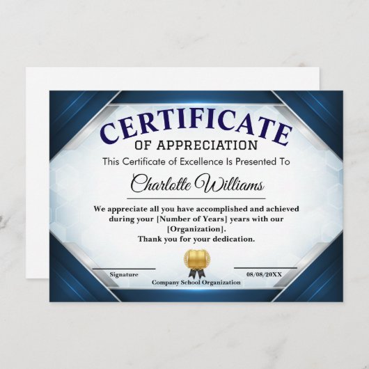 Invitation Professional Blue Appreciation Certificate (Devant / Derrière)