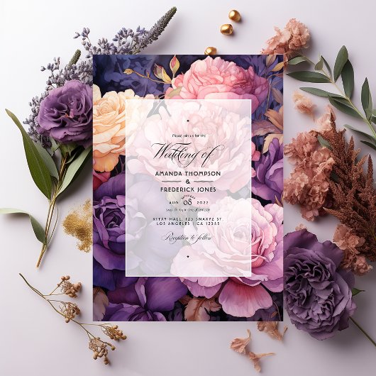 Invitation Profond violet, lavande et Rose or Mariage Floral