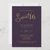 Invitation Profond violet SWEET 16 Or Elégant moderne Anniver (Devant)