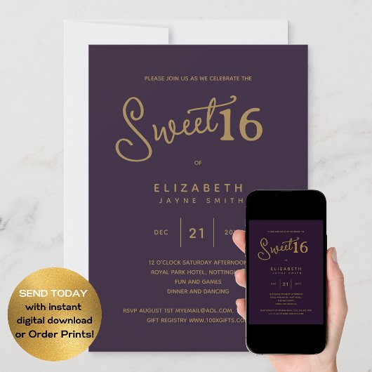 Invitation Profond violet SWEET 16 Or Elégant moderne Anniver