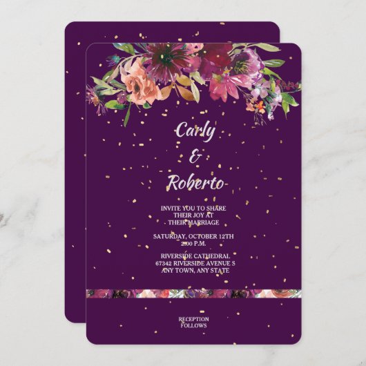 Invitation Profond violet vif Floral Mariage Confetti or (Devant / Derrière)
