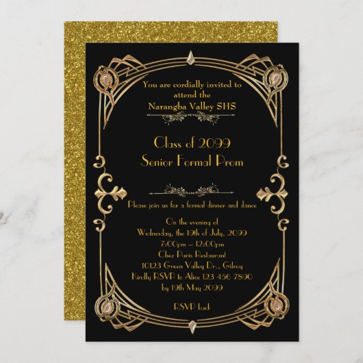 Invitation Prom invitant n'importe qui, style Gatsby, or part (Devant / Derrière)