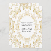 Invitation Prom Senior, Art Déco, Fleurs stylisées, or blanc (Devant / Derrière)