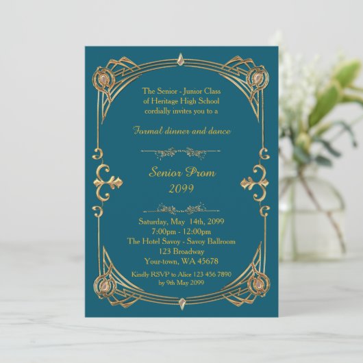 Invitation Prom senior, bleu vert & or, style Gatsby (Debout devant)