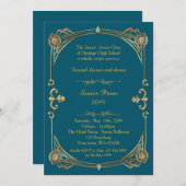 Invitation Prom senior, bleu vert & or, style Gatsby (Devant / Derrière)