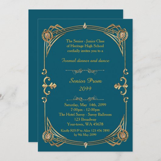 Invitation Prom senior, bleu vert & or, style Gatsby (Devant / Derrière)