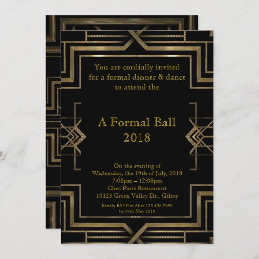 Invitation Prom senior formel, grand style Gatsby (Devant / Derrière)