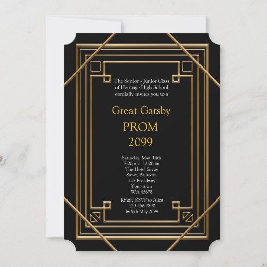 Invitation Prom Senior Junior, Great Gatsby, Gold, noir (Devant)