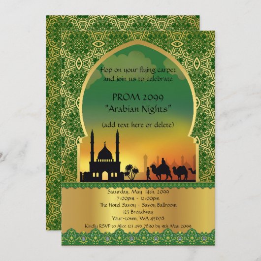 Invitation Prom Senior Junior, style arabe, or vert (Devant / Derrière)