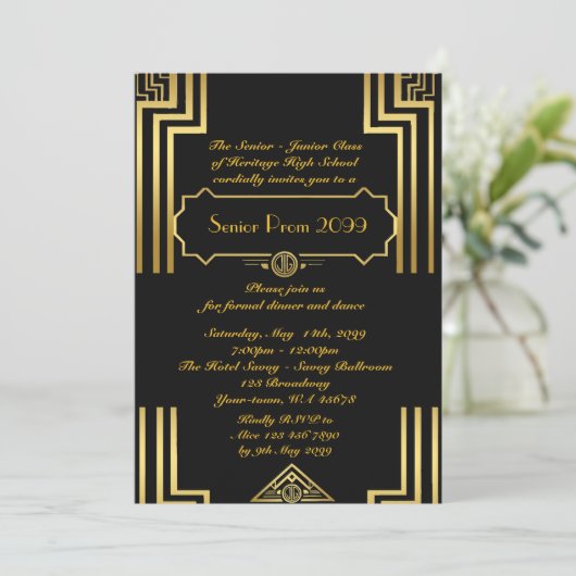 Invitation Prom senior junior, style Gatsby, art déco, noir (Debout devant)