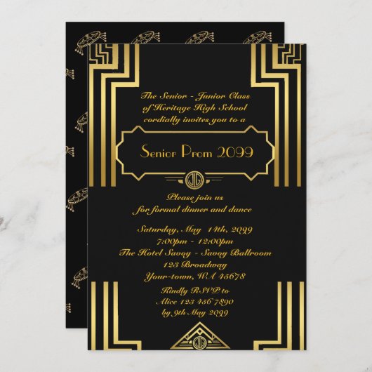 Invitation Prom senior junior, style Gatsby, art déco, noir (Devant / Derrière)