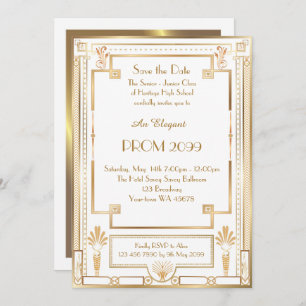 Invitation Prom Senior Junior, White Gold Geometry, Art Déco