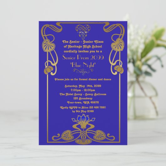 Invitation Prom senior, style Gatsby, bleu & or, monogramme (Debout devant)