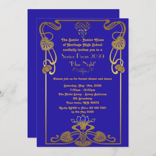 Invitation Prom senior, style Gatsby, bleu & or, monogramme (Devant / Derrière)