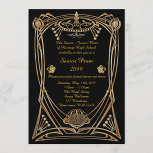 Invitation Prom senior, style Gatsby, noir & or, monogramme