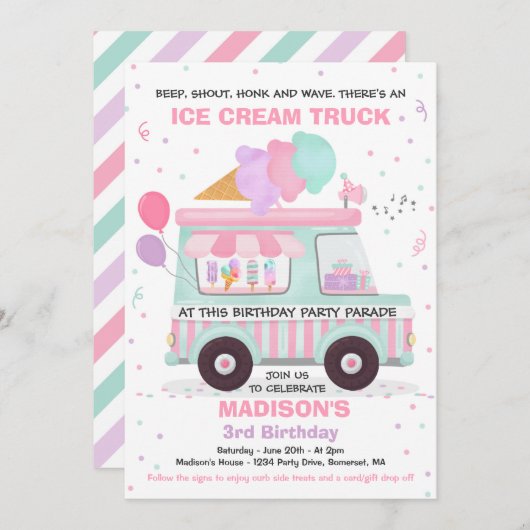 Invitation Promenade De Fête D'Anniversaire De Crème De Glace (Devant / Derrière)
