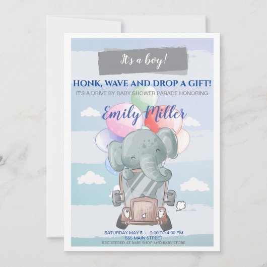 Invitation Promenade d'éléphant par garçon invité baby shower (Devant)