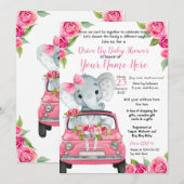 Invitation Promenade D'Éléphant Rose Par Une Rose Baby shower (Devant / Derrière)