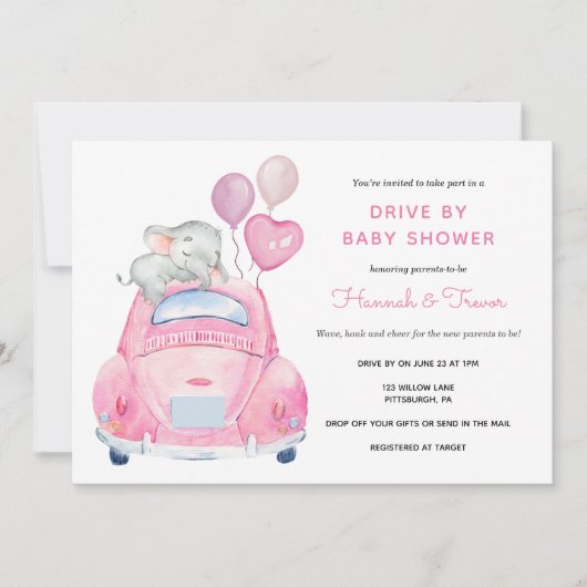 Invitation Promenade Elephant Par Bébé Fille Douche (Devant)