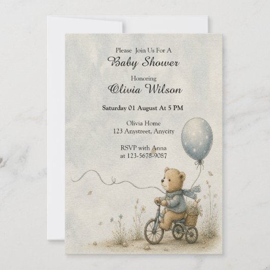 Invitation Promenade en vélo d'un ours en peluche fantaisiste (Devant)