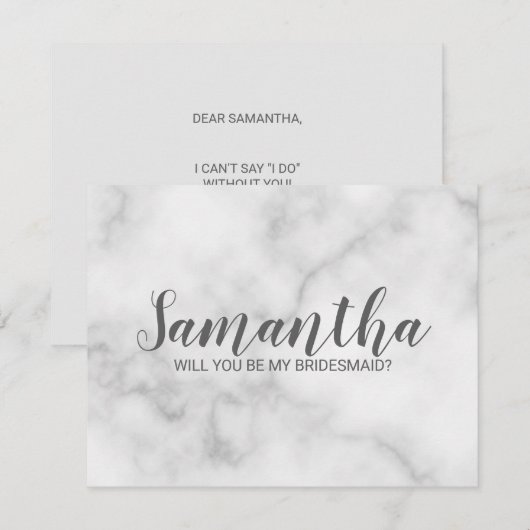 Invitation Proposition Bridesmaid | Élégant script en marbre (Devant / Derrière)