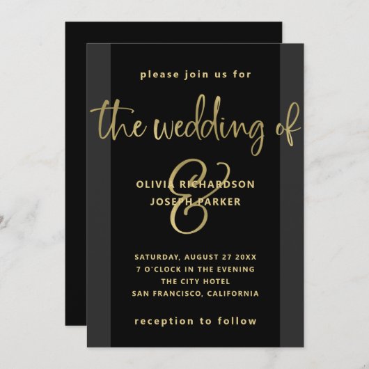 Invitation Proposition moderne| Mariage noir et or (Devant / Derrière)
