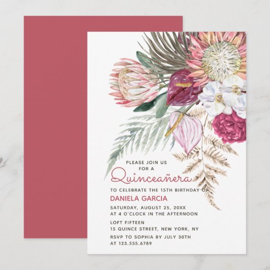 Invitation Protea Aquarelle Bouquet Floral Quinceañera (Devant / Derrière)