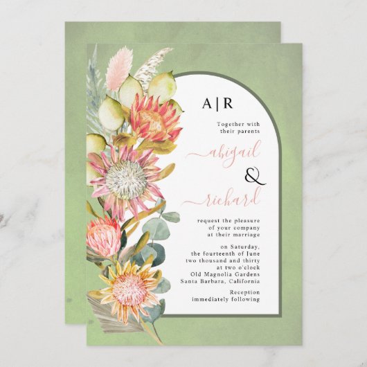 Invitation Protea fleurs pampas herbe sauge vert mariage (Devant / Derrière)