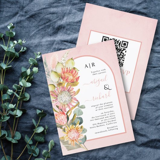 Invitation Protea fleurs QR code RSVP arche rose mariage Invi