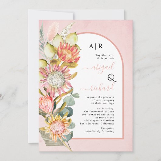 Invitation Protea fleurs QR code RSVP arche rose mariage Invi (Devant)
