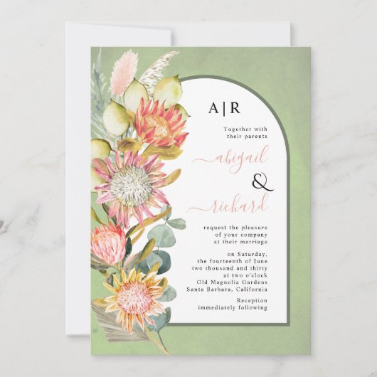 Invitation Protea fleurs QR code RSVP mariage arche verte (Devant)