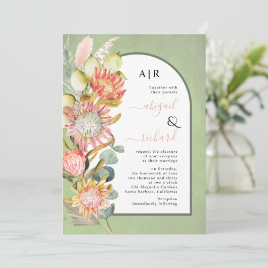 Invitation Protea fleurs QR code RSVP mariage arche verte (Debout devant)