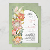 Invitation Protea fleurs QR code RSVP mariage arche verte (Devant / Derrière)