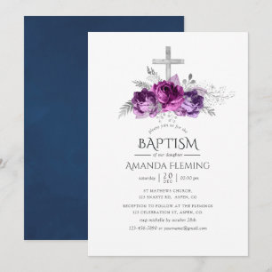Invitation Prune et floral baptême ou baptême Navy