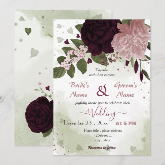 Invitation prune rose bordeaux fleurs verdure (Devant / Derrière)
