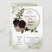 Invitation prune rose bordeaux fleurs verdure douche nuptiale (Devant / Derrière)
