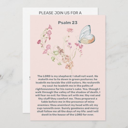 Invitation Psaume 23 Fleur rose papillon Célébration de la vi (Devant / Derrière)