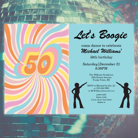 Invitation Psycho Boogie Colorful Homme de rétro 50e annivers