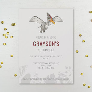 Invitation Pteranodon Dinosaure Anniversaire Minimaliste Gris