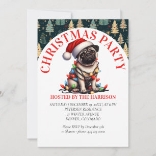 Invitation Pug Canin Rétro Noël Aquarelle Mignon