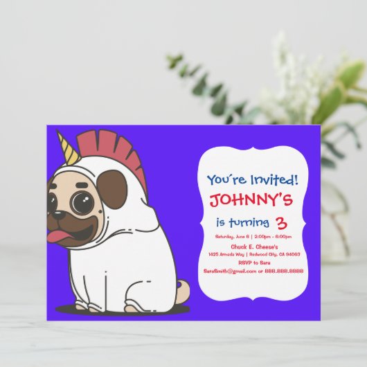 INVITATION PUG UNICORN (Debout devant)