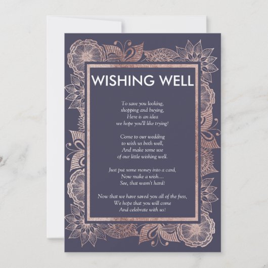 Invitation Puits de souhaits en rose gold floral et bleu mari (Devant)