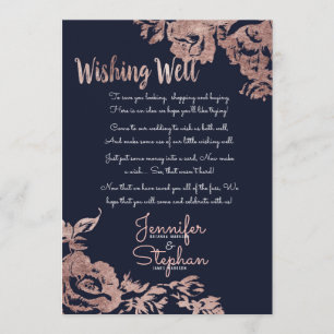 Invitation Puits de souhaits floral bleu marine et or rose